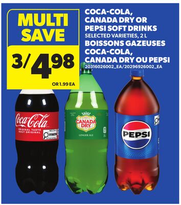 COCA-COLA, CANADA DRY OR PEPSI SOFT DRINKS, 2 L